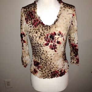 Women's Beige Floral & Leopard Print Long Sleeve Top